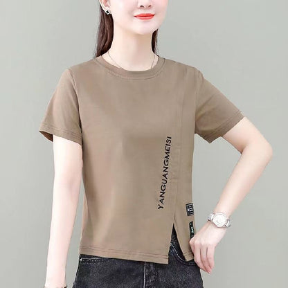 Woman wearing Chic Short Sleeve Slim Fit Top in a casual summer setting