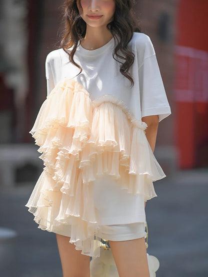 Cotton Mesh Patchwork Loose O Neck Short Sleeve T Shirt | Tajstylo