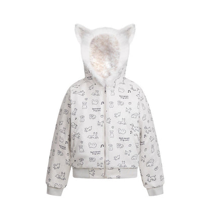 Woman wearing Cartoon Dog Hooded Fleece Coat in a winter setting