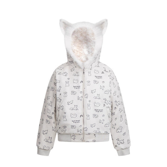 Woman wearing Cartoon Dog Hooded Fleece Coat in a winter setting