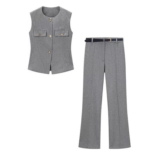 Woman wearing Herringbone A-Line Vest and Flared Leggings Set in a casual setting