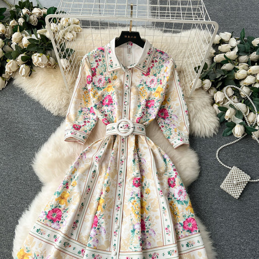 Floral Color-Blocked Mid-Length Dress | Tajstylo