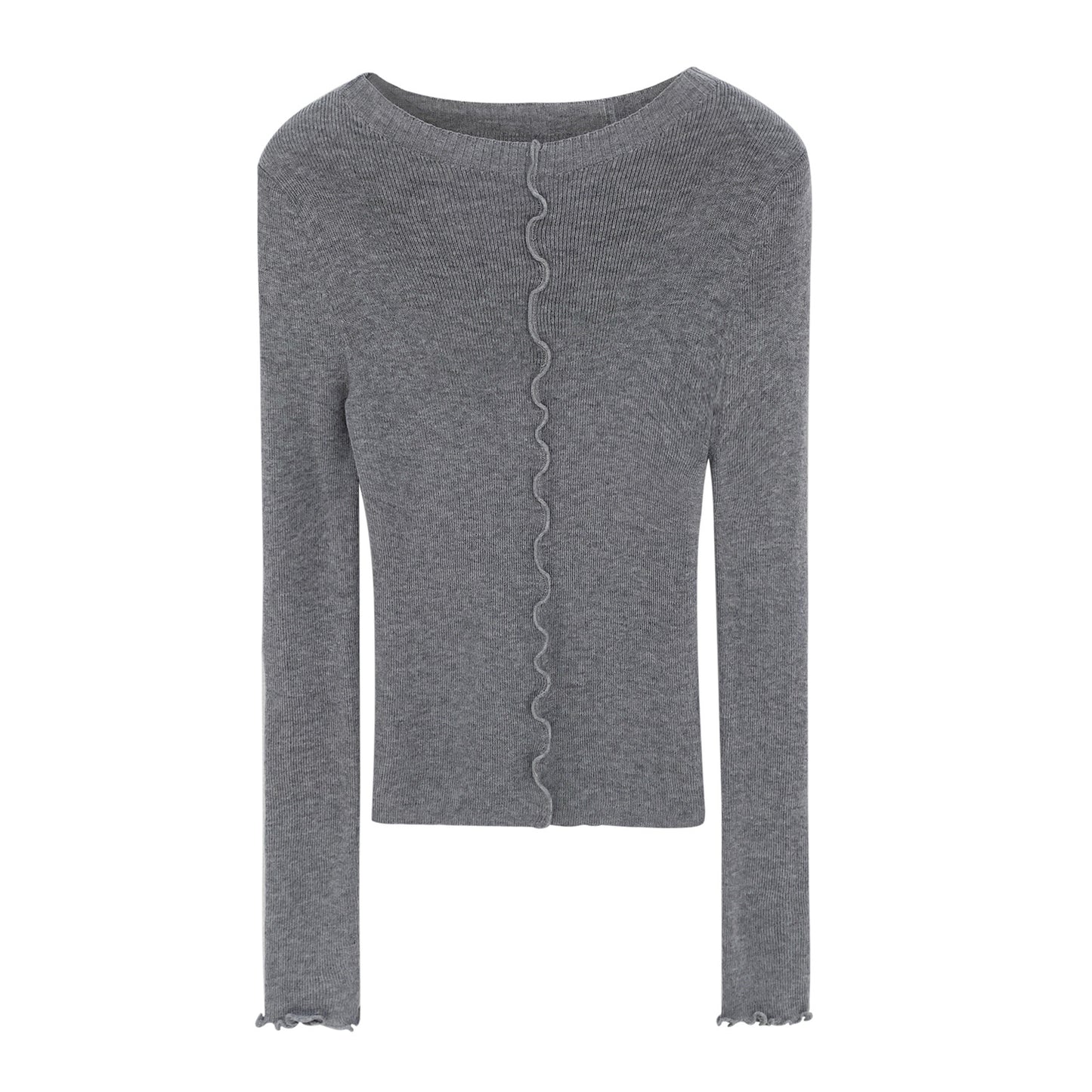 Woman wearing Lace Trim Round Neck Long Sleeve Knit Top in a stylish setting