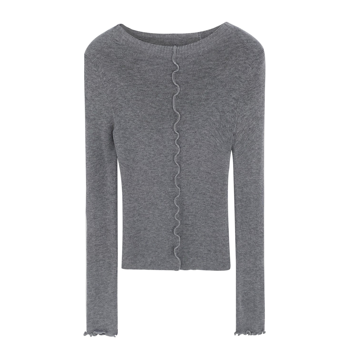 Woman wearing Lace Trim Round Neck Long Sleeve Knit Top in a stylish setting