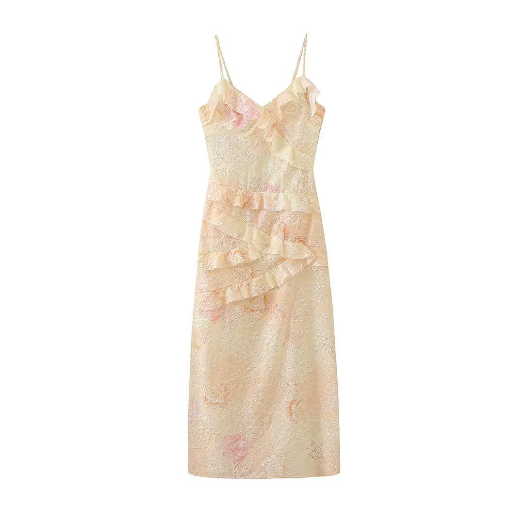 Woman wearing Long Camisole Dress in a summer setting
