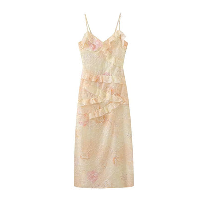 Woman wearing Long Camisole Dress in a summer setting