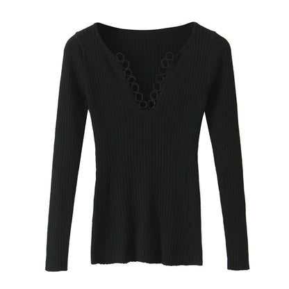Woman wearing V-Neck Hollowed Out Slim Fit Top in a stylish setting