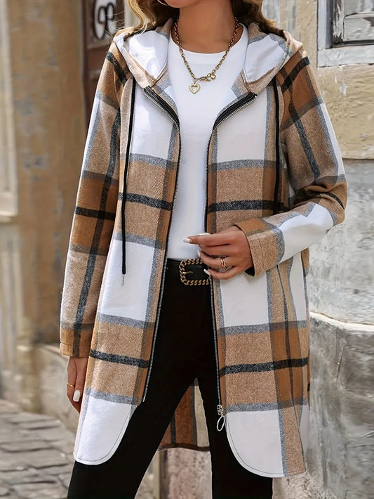 Drawstring Plaid Zip Up Hooded Jacket | Tajstylo