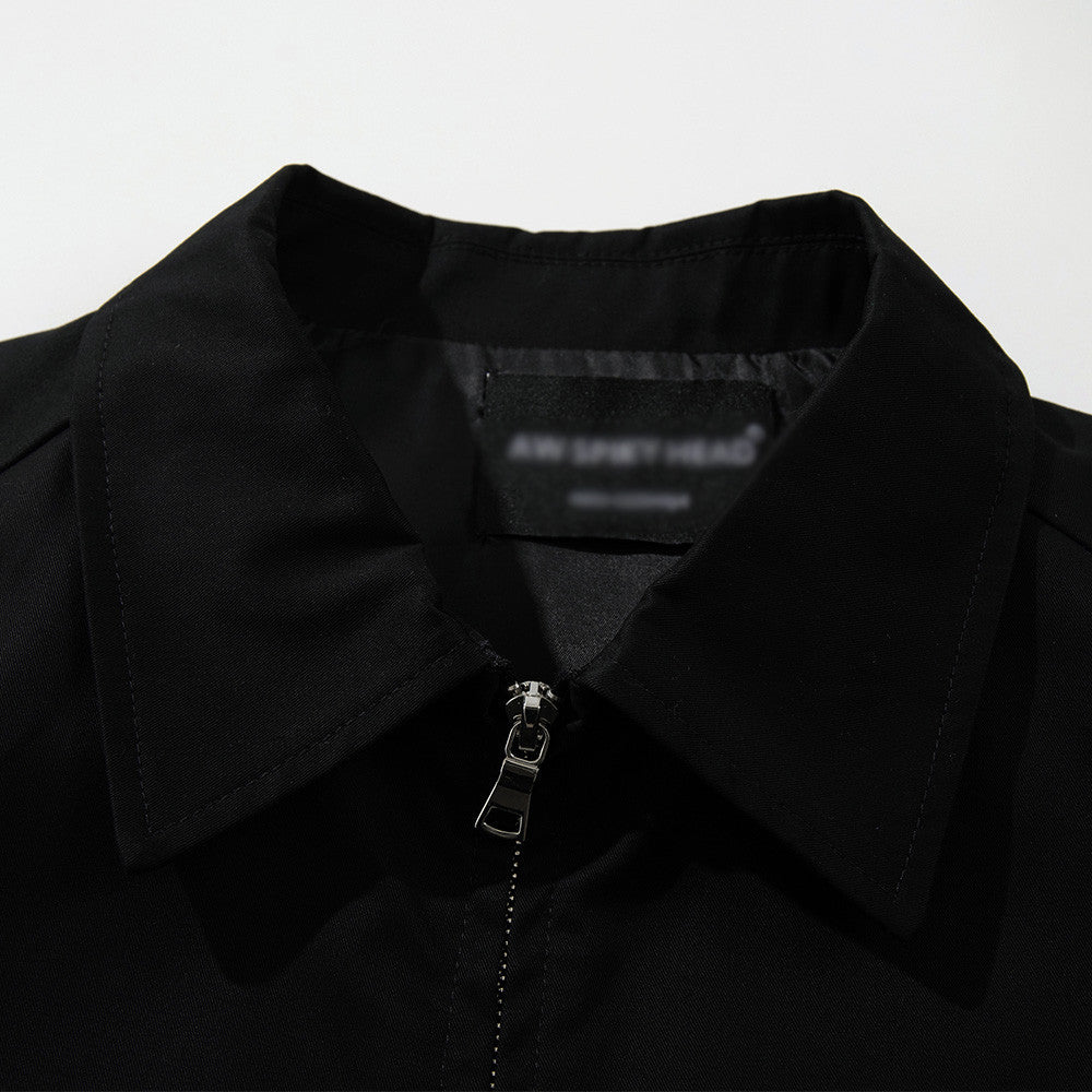 Woman wearing Solid Colour Flip Collar Double Zipper Casual Jacket in a casual urban setting