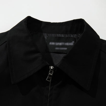 Woman wearing Solid Colour Flip Collar Double Zipper Casual Jacket in a casual urban setting