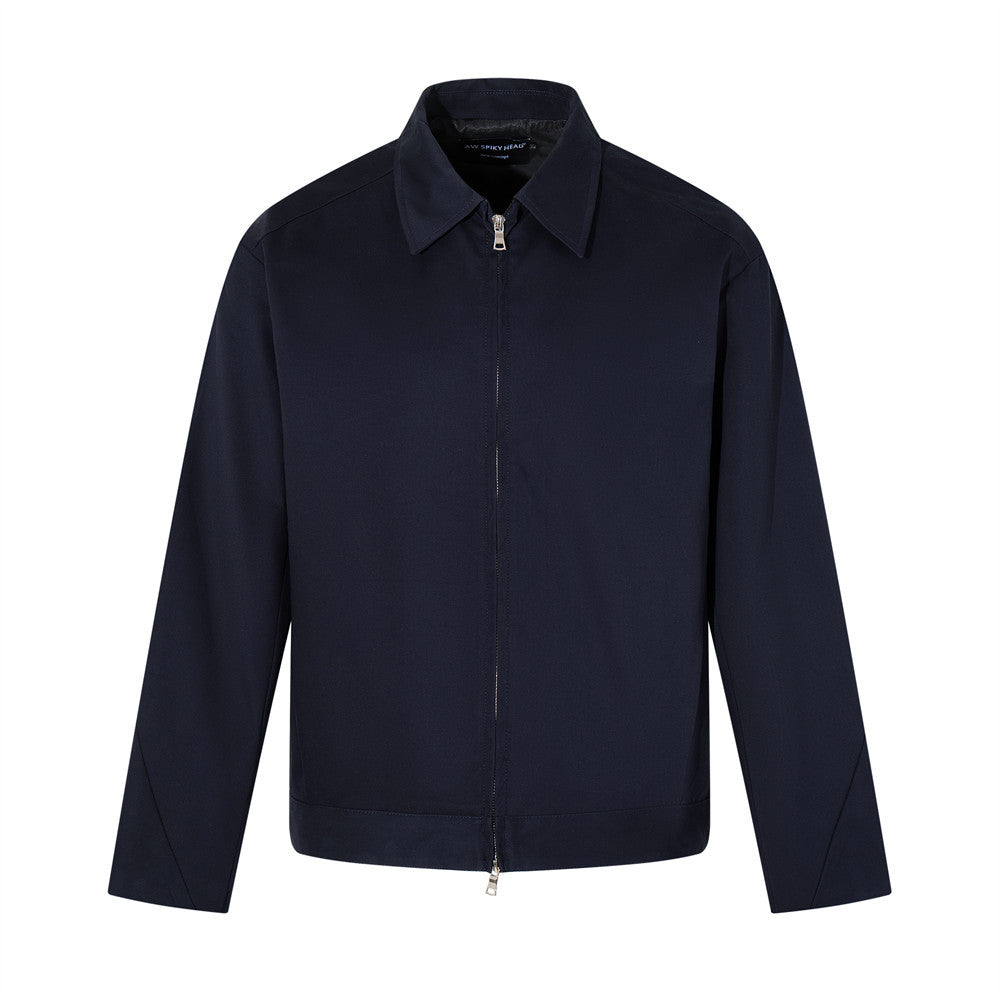 Woman wearing Solid Colour Flip Collar Double Zipper Casual Jacket in a casual urban setting