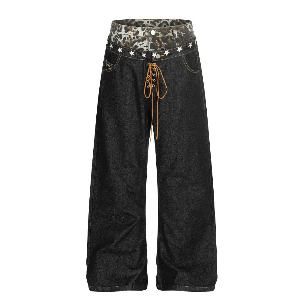 Leopard Print Spliced Denim Pants | Tajstylo