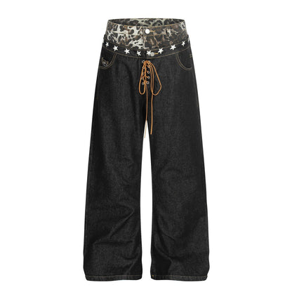 Leopard Print Spliced Denim Pants | Tajstylo