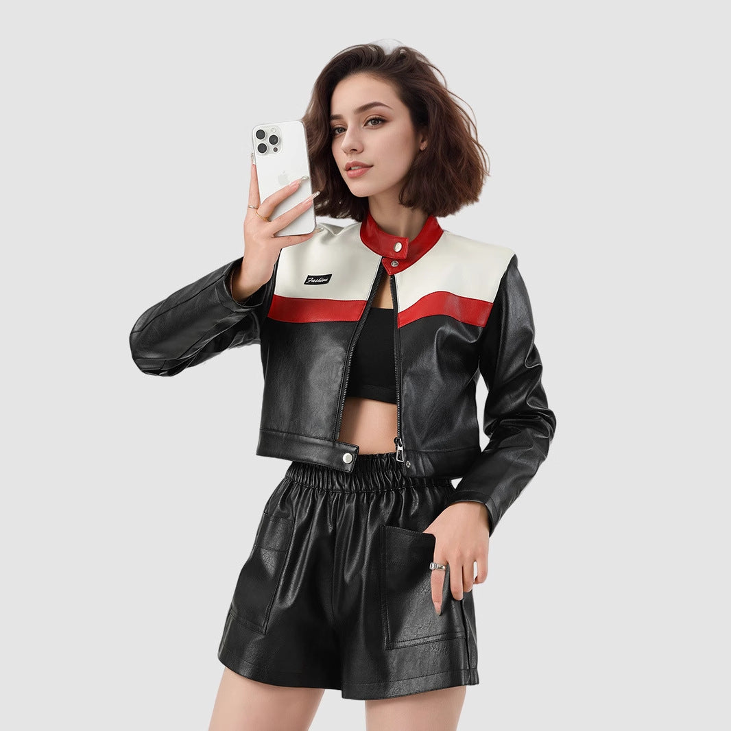Woman wearing Splicing Short Jacket in a casual outdoor setting