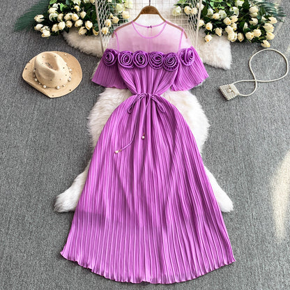 3D Floral Tie-Waist A-Line Dress | Tajstylo