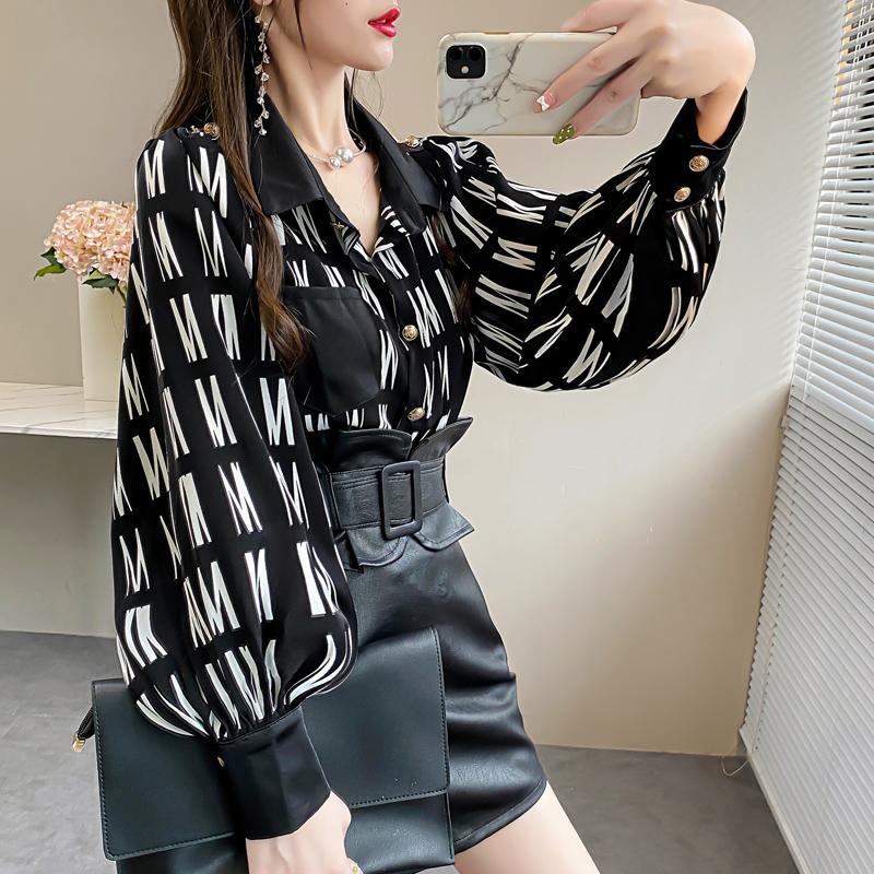 Woman wearing Office Lady Turn Down Collar Blouse in a professional setting