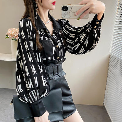 Woman wearing Office Lady Turn Down Collar Blouse in a professional setting