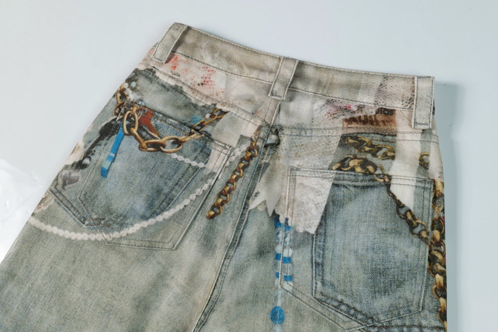 3D Digital Printed Chain Wide Leg Denim Pants | Tajstylo