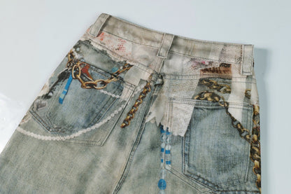 3D Digital Printed Chain Wide Leg Denim Pants | Tajstylo