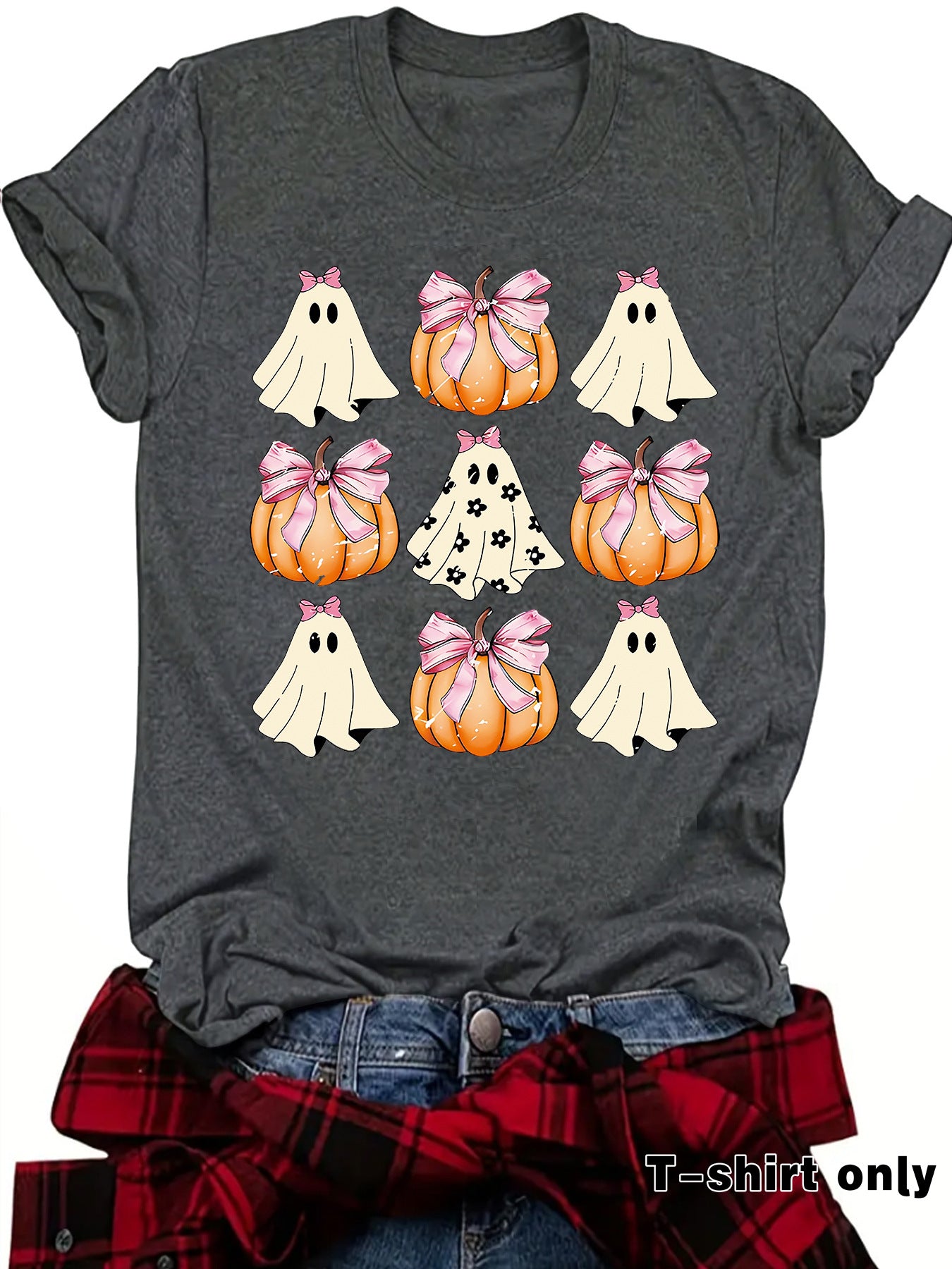 Woman wearing Funny Coquette Bow Pumpkin T-Shirt in a casual setting