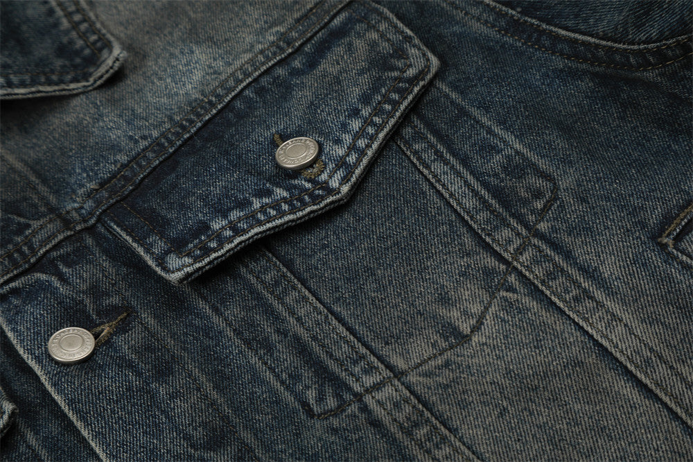 Distressed Denim Jacket with Flip Collar | Tajstylo