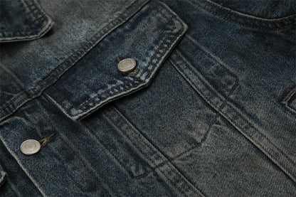 Distressed Denim Jacket with Flip Collar | Tajstylo