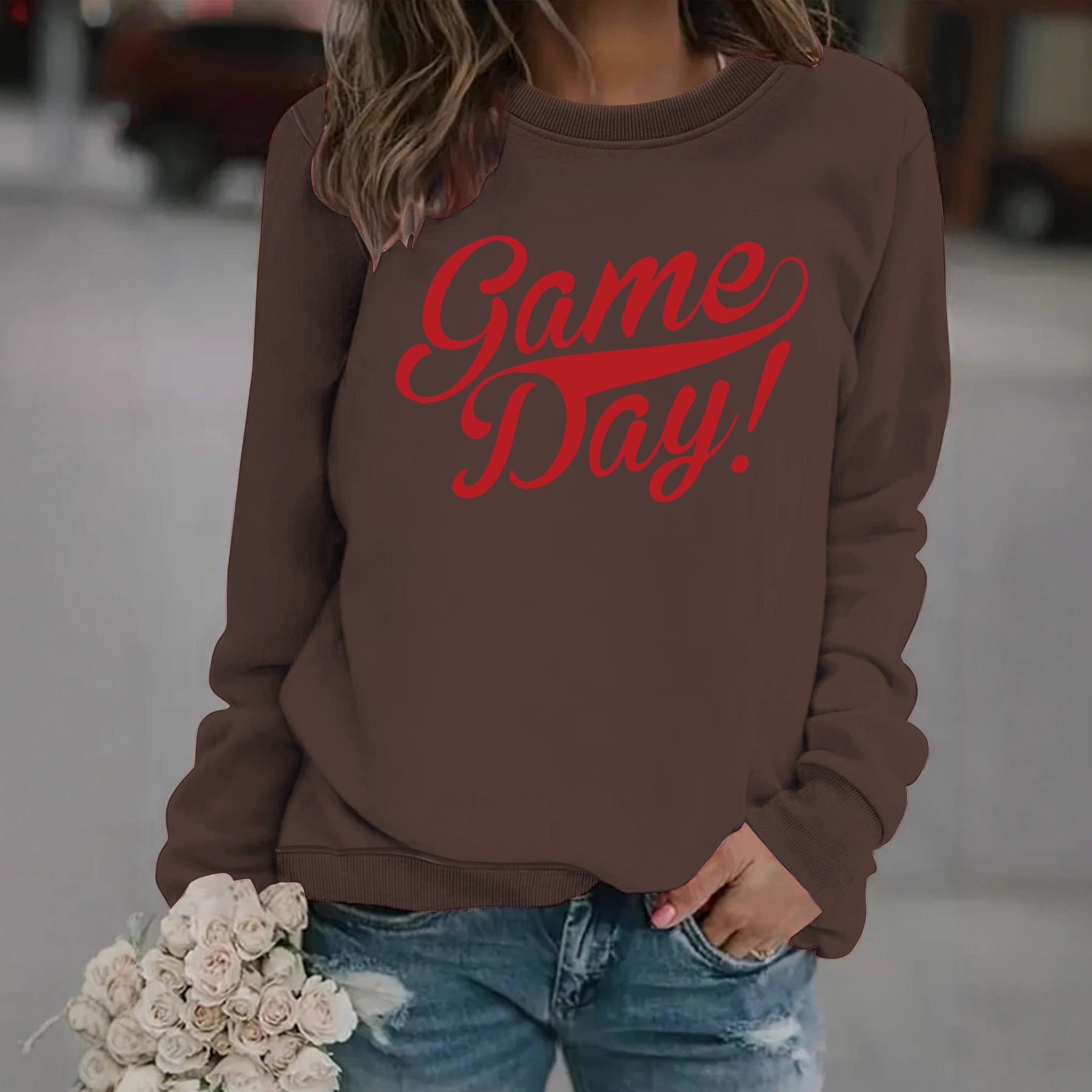 Woman wearing Round Neck Hoodie for Women in a casual setting