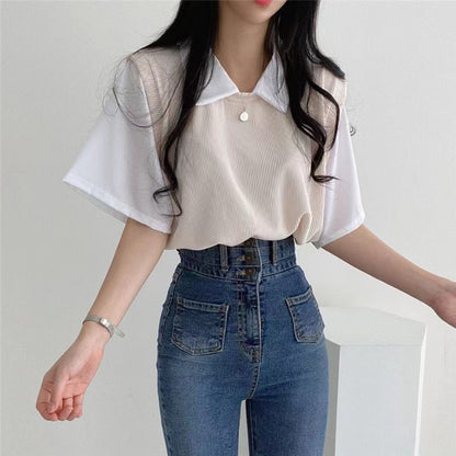 Two Tone Polo Neck Short Sleeve Top | Tajstylo