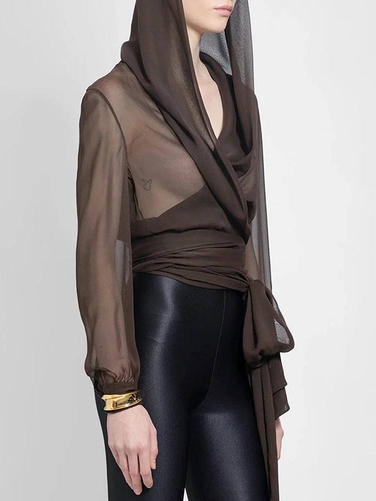 Solid Sheer Mesh Slimming Hooded Shirt | Tajstylo