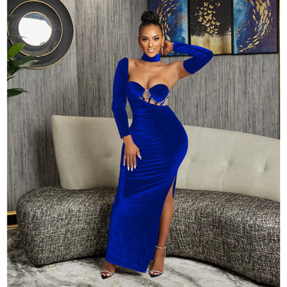 Woman wearing Strapless Velvet Maxi Dress in an elegant setting