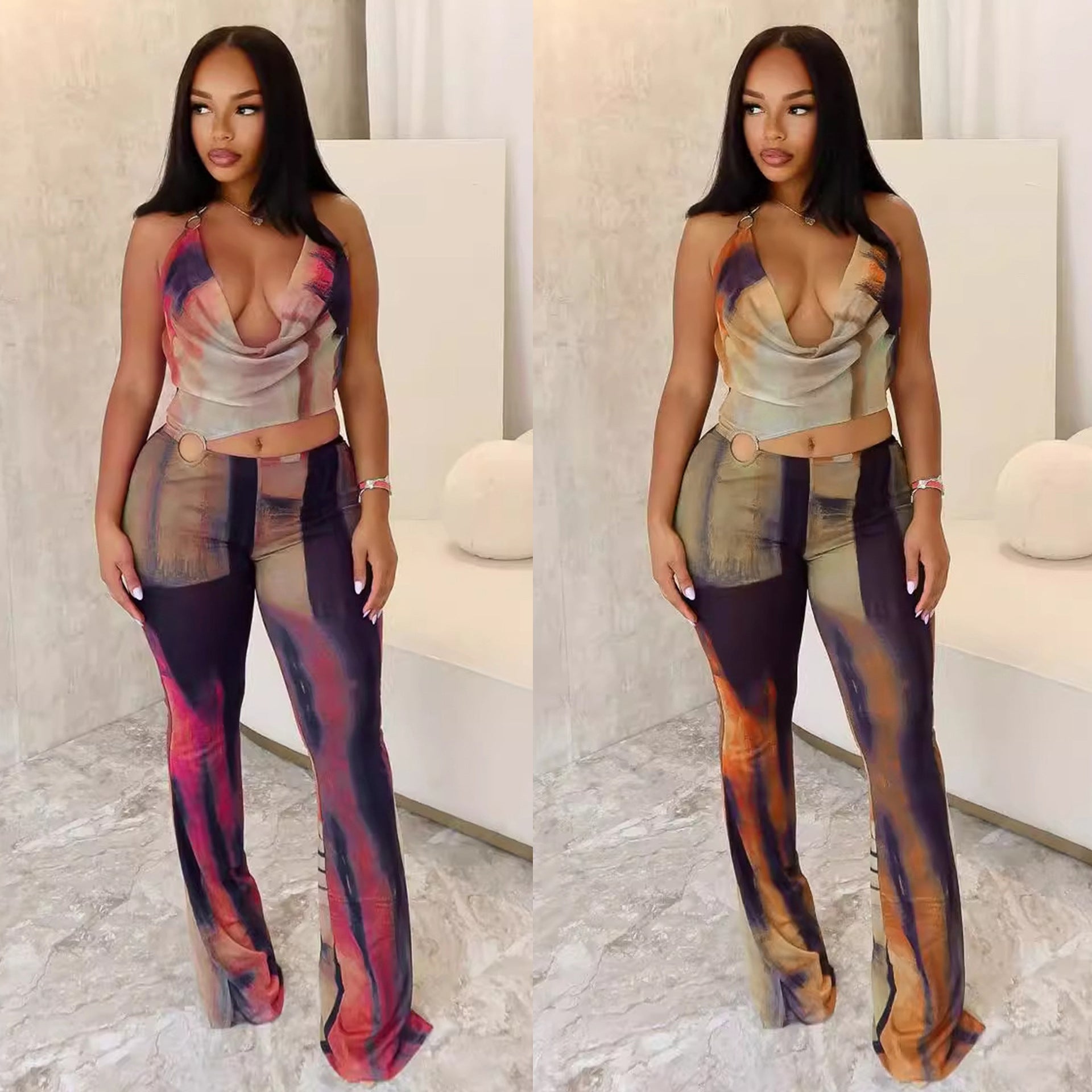 Woman wearing Flattering Mesh Printed Jumpsuit in an urban setting