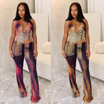 Woman wearing Flattering Mesh Printed Jumpsuit in an urban setting