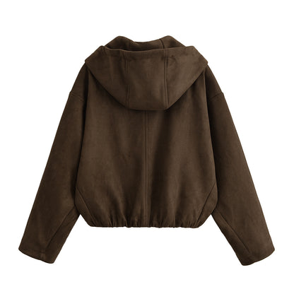 Woman wearing Hooded Suede Look Jacket in an autumn park