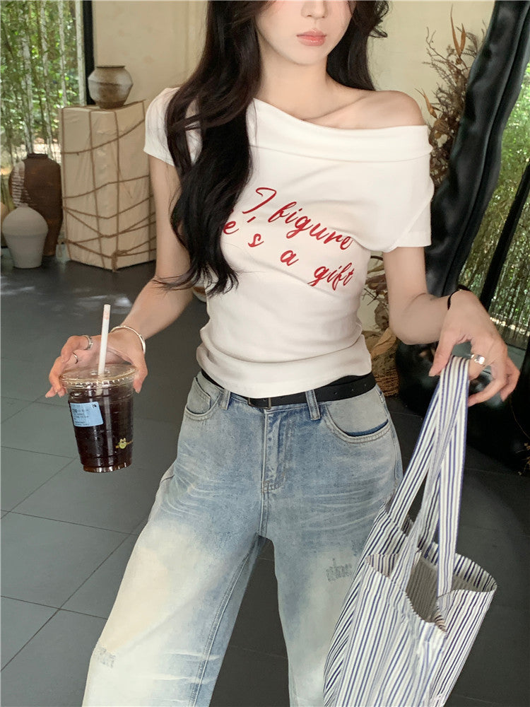One Shoulder Fitted Crop Top with Letter Print | Tajstylo