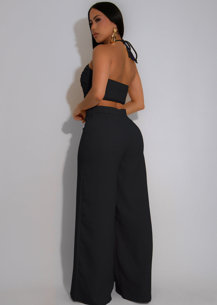 Drawstring Tie-Up Top and High Waist Loose Long Pants Set | Tajstylo