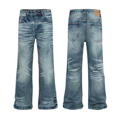 Woman wearing Vintage Washed Denim Jeans with Patchwork in an urban setting