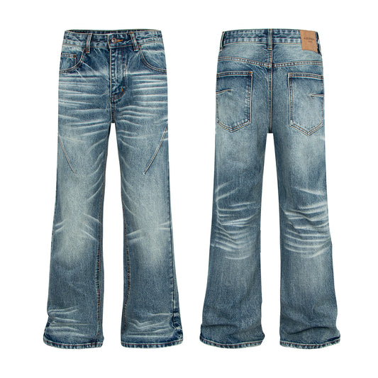 Woman wearing Vintage Washed Denim Jeans with Patchwork in an urban setting