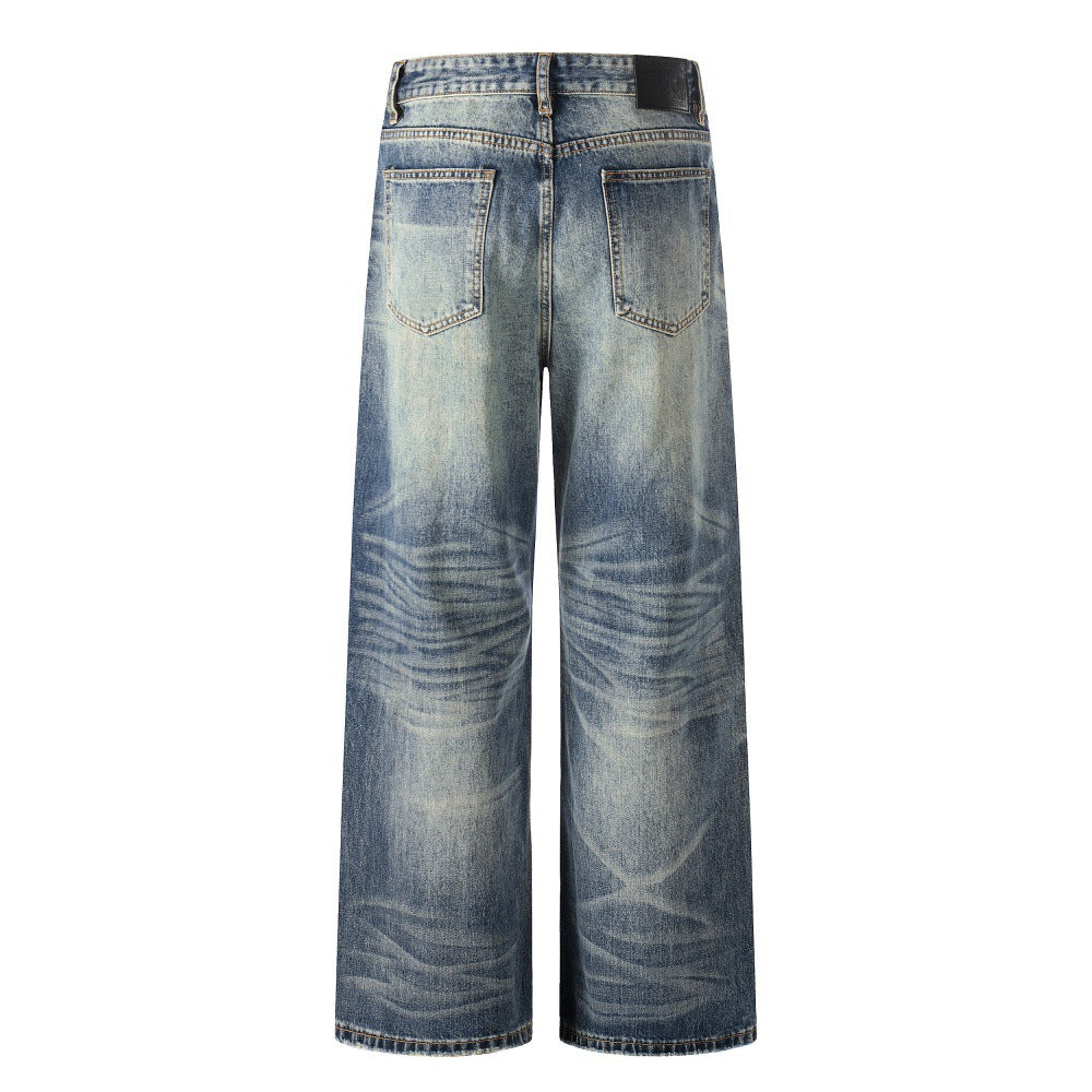 Woman wearing Washed Blue Straight Leg Denim Pants in a casual setting
