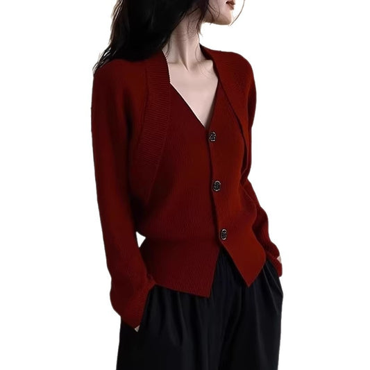 Red V-Neck Knit Top | Tajstylo
