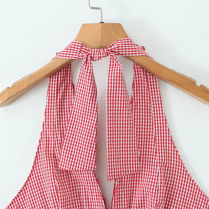 Red Plaid Halter Neck Sleeveless Short Dress | Tajstylo