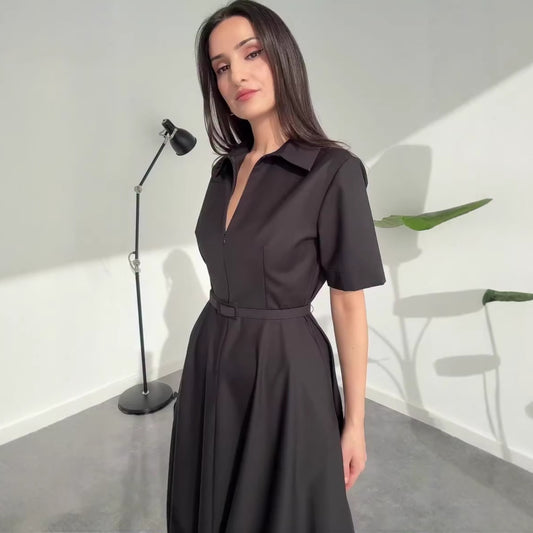 Waist-Cinching V-Neck Long Dress | Tajstylo