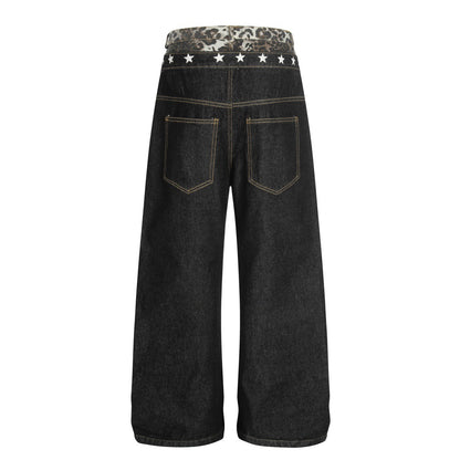 Leopard Print Spliced Denim Pants | Tajstylo