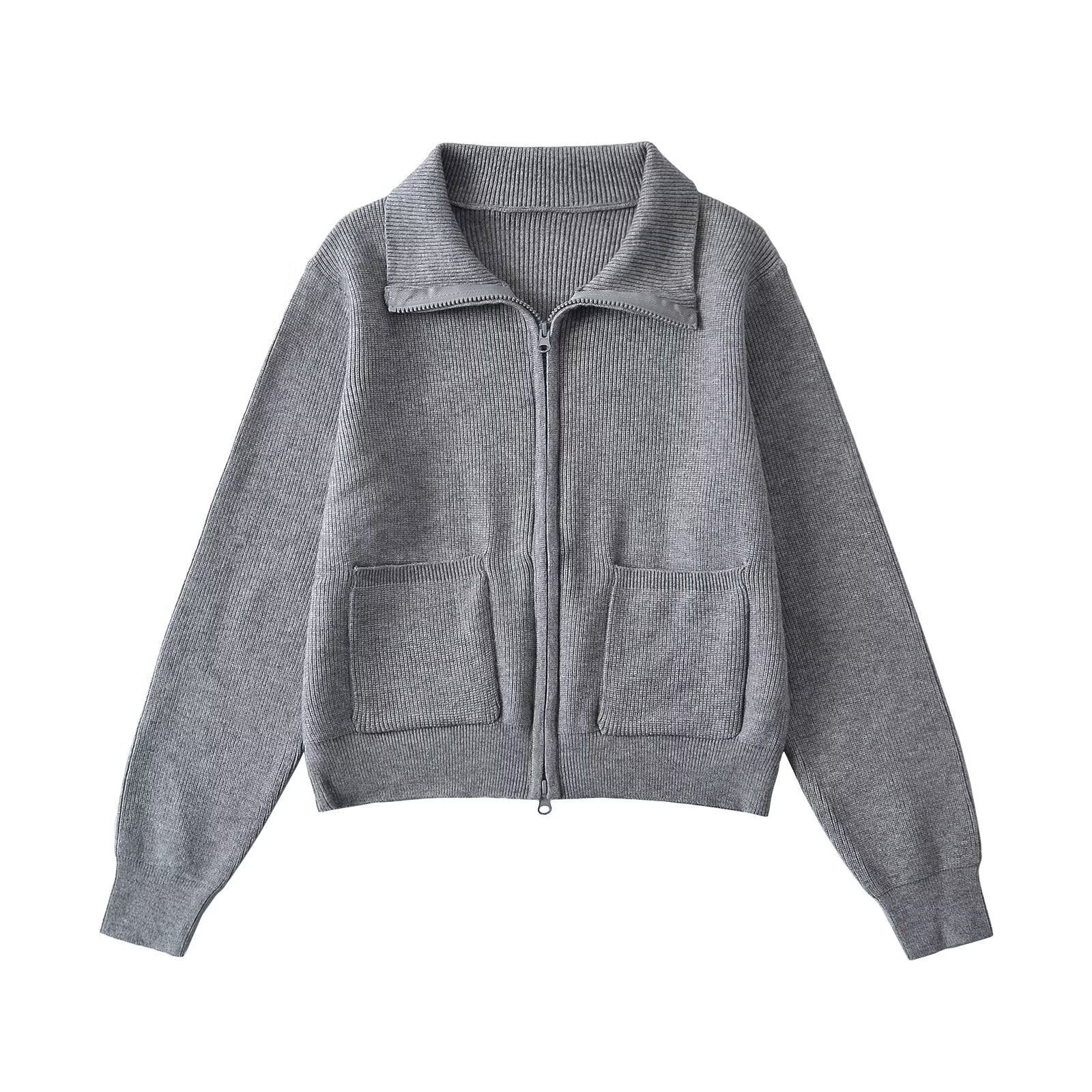 Woman wearing Zipper Lapel Long Sleeve Pocket Top in casual setting