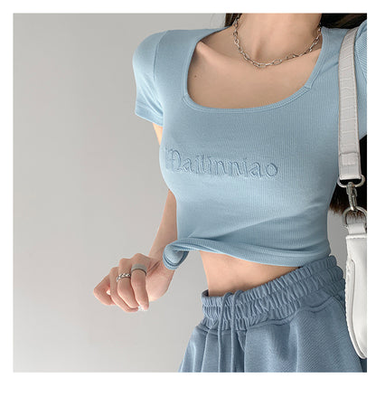 Vintage Letter Embroidery Fitted Bodysuit | Tajstylo