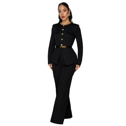 Slimming Belted Long Sleeve Top and Pants Set | Tajstylo