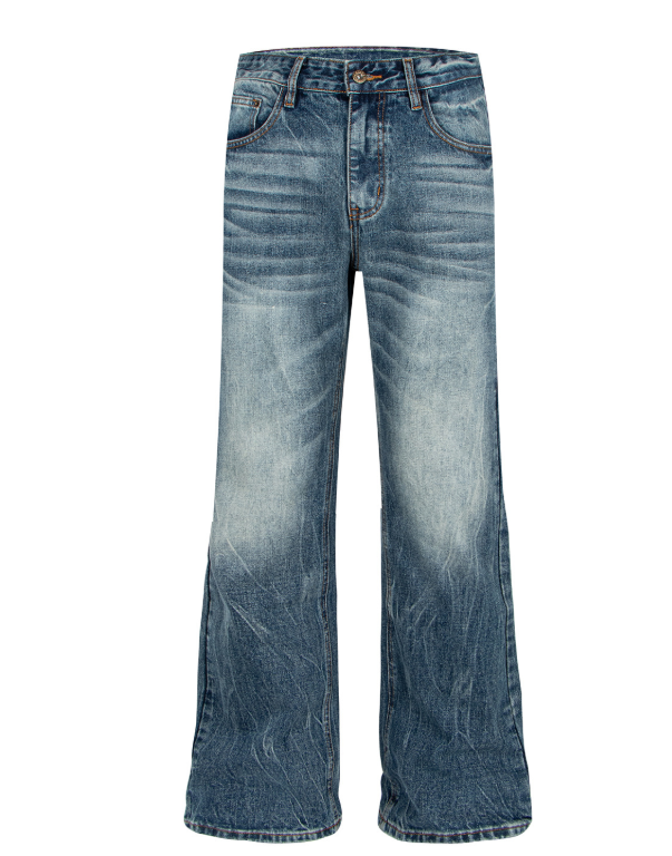 Washed Catwhisker Lightning Pattern Denim Pants | Tajstylo