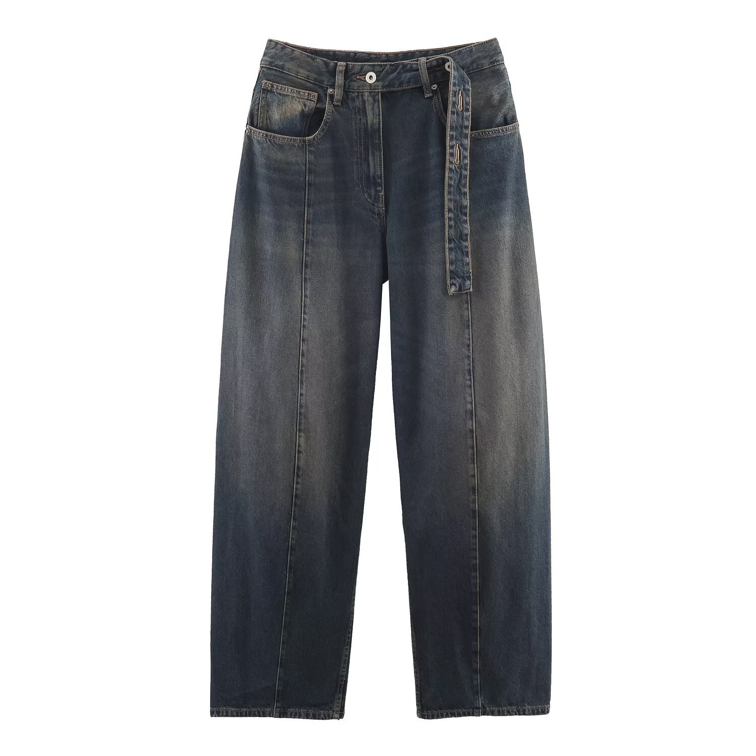 Woman wearing High Waist Baggy Bucket Jeans in a casual street setting