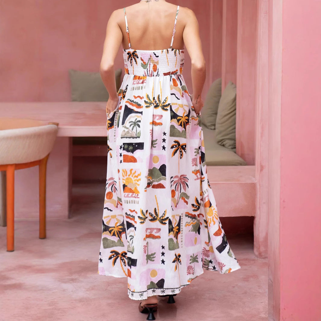 Woman wearing Floral Print Drawstring Waist Maxi Dress in a sunny beach setting