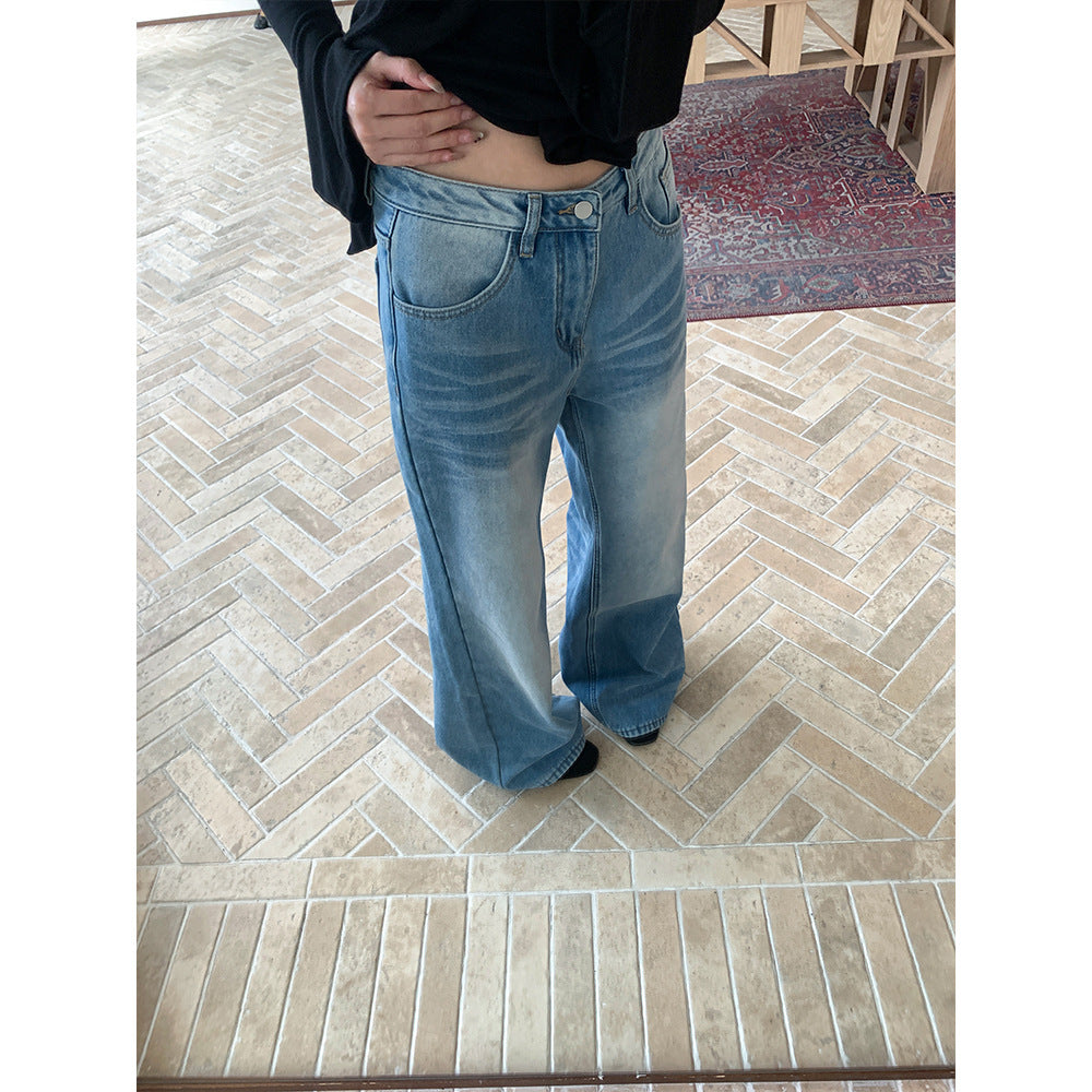Woman wearing fleece lined wide leg jeans in a casual street setting