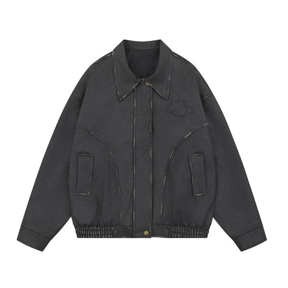 Woman wearing Women's Loose Fit PU Leather Zip-Up Jacket in a casual outdoor setting